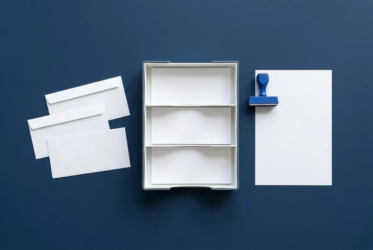 Three blank envelopes, a letter tray with three stacks of sheets and a blue rubber stamp on a navy desk surface