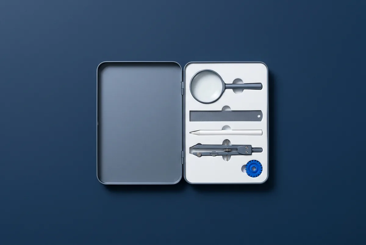 Open slate-grey case holding a magnifying glass, a steel ruler, a pencil, a drafting compass and a blue gear on a navy surface