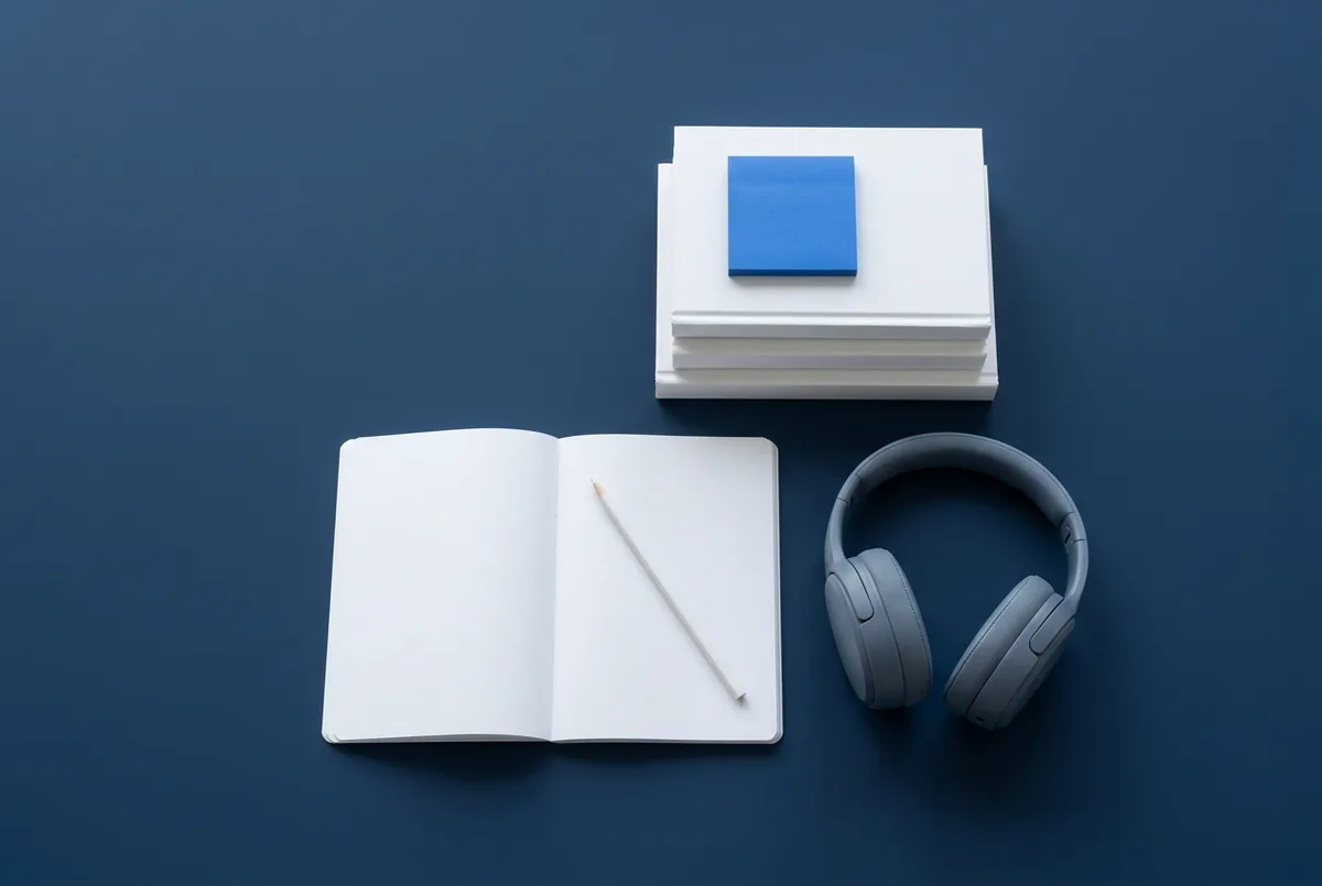 Open blank notebook with a pencil, grey headphones and a stack of three books with a blue sticky-note pad on a navy surface